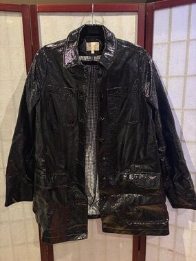 Sézane Black Coated Jacket | Glossy Leather Look | Gingham Lined | Size 36 (S)